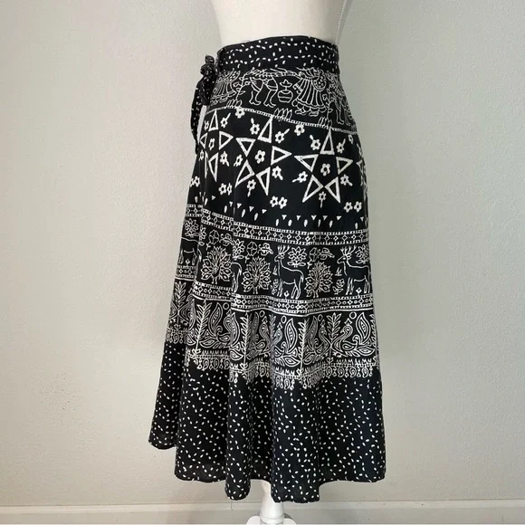 VINTAGE WOVEN COTTON PRINTED WRAP SKIRT PENTAGRAM PEACOCK PAISLEY DEER FLORAL - Picture 5 of 13